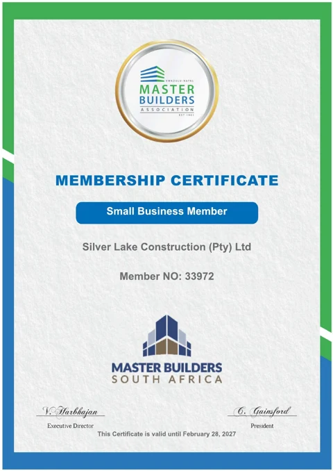 Master Builders KwaZulu-Natal membership certificate for Silver Lake Construction (Pty) Ltd, member 33972, valid until 28 February 2027